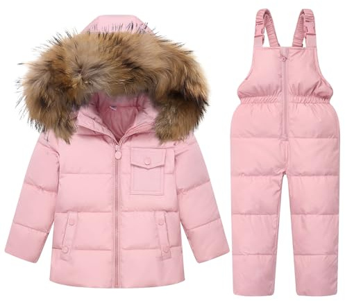 JiAmy Tuta da Sci Bambino Piumino con Cappuccio + Pantaloni da Sci, 2 Pezzi Tuta da Neve Snowsuit Caldo Invernale Salopette Giacca Cappotto Pantaloni da Neve, Rosa 4-5 Anni