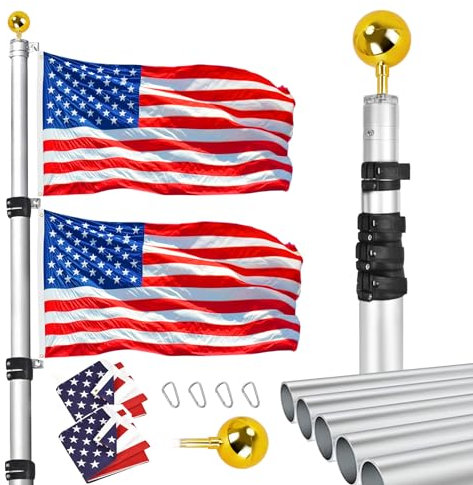 Hooomyai 20FT Telescopic Flag Pole Kit, Rotating Lock Heavy Duty Aluminum Telescoping Flagpole for Outside House In Ground Camper RV Tailgate Retractable with 2 3x5' USA Flags & Gold Ball Top, Silver