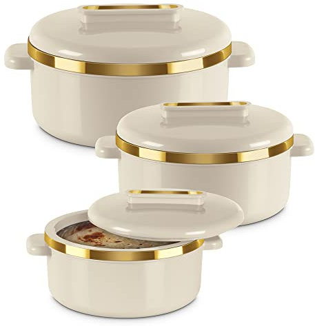 Milton Curve Regular Inner Stainless Steel Casserole Set of 3 (840 ml, 1300 ml, 1880 ml), Ivory | BPA Free | Food Grade | Easy to Carry | Easy to Store | Chapati | Roti | Curd Maker