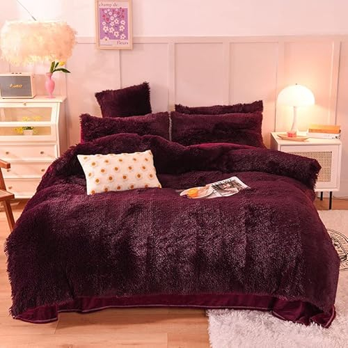 eBoutik - Christmas Teddy Fleece Duvet Cover Set – Thick Xmas Plush Thermal Bedding for Autumn Winter – Double Bedding Set – Fluffy & Warm Festive Gift (Wine Red)