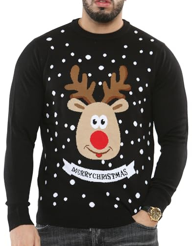 NOROZE Men's Christmas Jumper Reindeer Stag Nordic Polar Bear Festive Unisex Xmas Jumpers (L, Merry Xmas Reindeer Black)