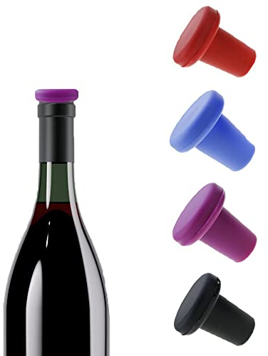 UtySty 4 Pack Wine Stoppers Sealer Leak Proof Reusable Silicone Corks Beverage Bottle Top Cap Seals Saver for Keeping Fresh Champagne Beer Bordeaux Liquor Bottles Whisky Olive Oil Vinegar Wine Fridge