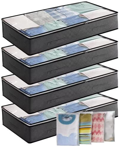 Cleaneaty Underbed Storage Box 4Pack 90L Large Under Bed Storage Bag with 4 x Large Zip lock Bags - Under bed Storage Box with PVC Window for Clothes, Duvets, Comforters, Blankets, Bedding, Quilts