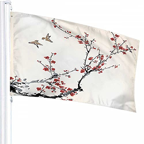 Decoración de bandera de pájaros y dulces de invierno, 3 x 5 pies, flor de ciruelo chino, gorrión, pareja de pájaros, elegancia, patrón impreso de poliéster, decoración al aire libre para hogares y