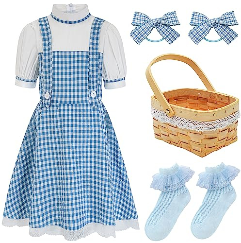 HMPRT Halloween Costume for Girls,Kids 2025 Book Storybook Character Costumes Dress Basket Blue Socks Hair Bows 8