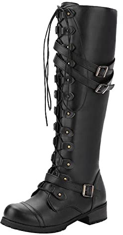 BIISDOST Knee High Boots Women's Black Leather Knight Boots Riding Boots with Heel Slip On Boots Overknee Boots Punk Gothic Retro Western Boots Long Shaft Boots Lace Up Cowboy Boots, black, 8.5 UK