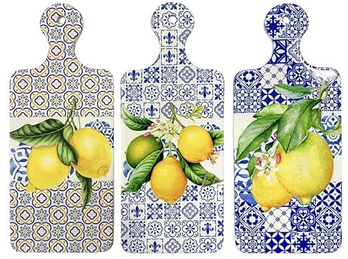 Planche à découper en Céramique Set de 3 Décoration Cuisine Citron Azulejos Bleu de 29cm