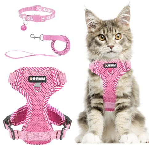 Muecleao Katzengeschirr mit Leine Ausbruchsicher, Katzenleine mit Geschirr für Katzen, Verstellbares Katzengeschirr Katzenhalsband mit Reflektierenden Streifen für Outdoor Training Gehen (Rosa, L)