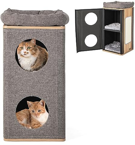 GYMAX Tour pour Chat à 3 Étages, Maison pour Chat avec Planche à Gratter Latérale et Perchoir Supérieur, Abri à Chat avec 2 Trous d’Entrée et de Sortie, Surface Recouverte en Peluche