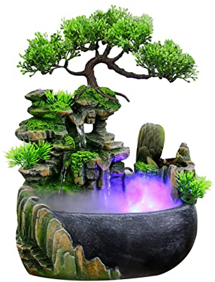 Zimmerbrunnen mit LED Beleuchtung Tisch Wasserfallbrunnen Zerstäuber Tischbrunnen Wasserfall mit Nebel Teich Wasserspiel Desktop Wasserfall Ornament Beleuchtung 200 * 150 * 280mm