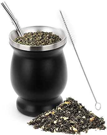 PIQIUQIU Juego de tazas de té Yerba Mate de acero inoxidable, 230 ml, doble pared, sin BPA, con pajitas y cepillo de limpieza (negro)