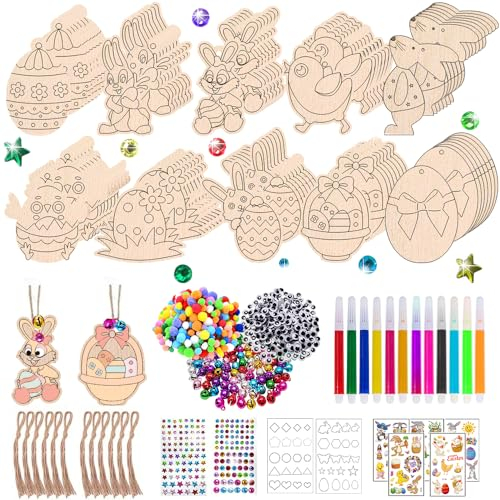 TUIBEIDAMAI Lot de 300 pendentifs de Pâques bois à peindre - Kit de bricolage enfants de Pâques - Décoration de Pâques bricolage - Pendentif bois - Lapin de Pâques - Œufs de Pâques poussin - Avec