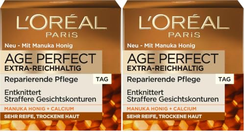 L'Oréal Paris Tagespflege, Age Perfect Extra-Reichhaltig, Anti-Aging Gesichtspflege, Entknittern und Straffen, Für sehr reife und trockene Haut, Mit Manuka Honig und Calcium B5, 50ml (Packung mit 2)
