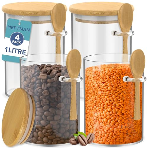 HEFTMAN Tarros de vidrio con tapas de bambú, 1 litro, paquete de 4 tarros de almacenamiento de vidrio con tapas, sello hermético de silicona y cucharas, ideal para café, azúcar, especias, estación de