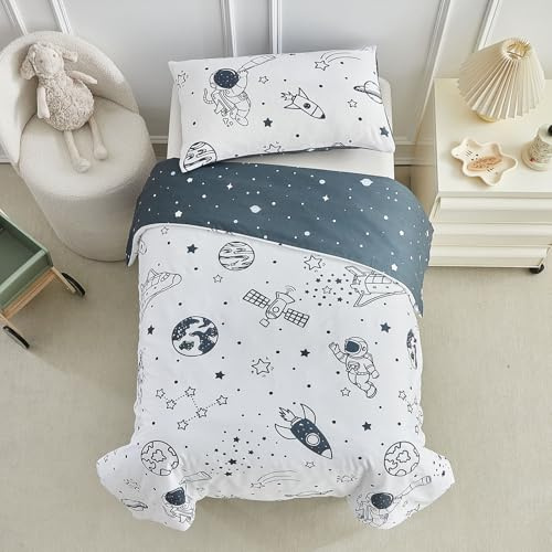 Ensemble de literie DuShow pour lit d'enfant, motif: espace, pour garçon, motif fleurs, housse de couette et taie d'oreiller, 120 x 150 cm, blanc