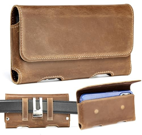 Gcepls Handy Gürteltasche für Smartphone aus Crazy-Horse-Rindsleder, Horizontal mit Metall-Clip, Kompatibel mit iPhone 13/12 Mini, iPhone SE, iPhone 8/7/6S/6, & Galaxy S7/S6/S5 – Größe S
