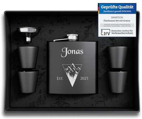 Flachmann Set Personalisiert Mit Namen - Gravur Geschenkidee für Hochzeit und Männer - Edelstahl (Design 7)
