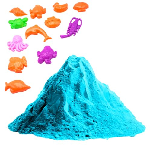 BullTek Arena cinética natural 1 kg con 12 moldes para niños – Juego creativo de arena mágica juego sensorial – Fácil de modelar, no seca, para actividades artísticas y regalos educativos (Azul)