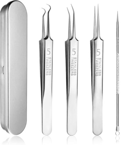 Pinzette Brufoli Da 4 Pezzi Set，Kit di Strumenti per Schiacciare i Brufoli, Pinzetta Punti Neri,Acciaio Inossidabile Spremicomedoni Pinzette Punti Neri,con Custodia in Metallo