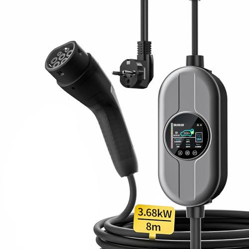 MANKIW Elektroauto Ladekabel Typ 2, 3,68 kW Tragbarer Elektrofahrzeug-Ladegerät Einstellbar (6-16A), 8 Meter EV Ladegerät Typ 2 mit LED-Digitaldisplay und Tasche, IP65 (IEC 62196-2)