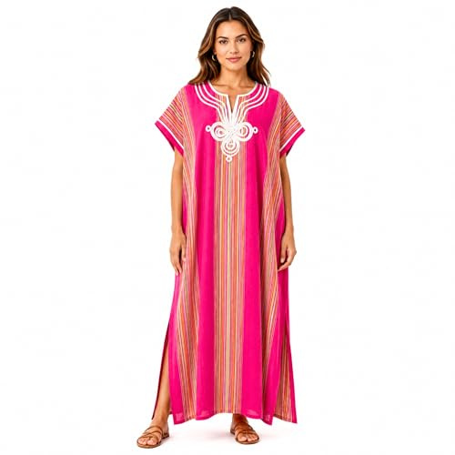 FNA FASHIONS Damen Marokkanisches Kaftan Kleid | Lange Bestickte Boho Strand Cover Up Leichte Badeanzug Cover Up Boho Beachwear Kaftan Leicht Sommer Maxikleid, rose, One size