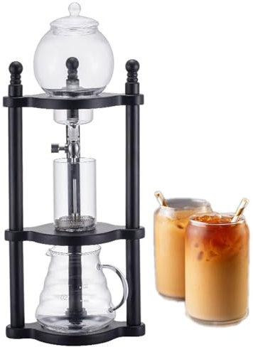Cold Brew Drip Tower, Iced Drip Coffee Maker Cold Brew Dripper Pot Cold-Drip Coffee Tower Ice Coffee Machine Wooden Glass 600ml(A)