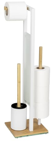 WENKO Stand WC-Garnitur Mod. Rivalta freistehend WC-Bürste Toilettenpapierhalter Bambus Sicherheitsglas Stahl 18 x 70 x 23 cm weiß Natur