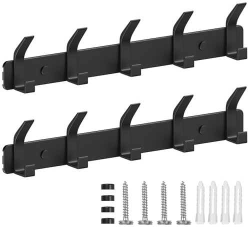 TENXSNUG Appendiabiti da Parete Set di 2, Attaccapanni da Muro Moderno Antiruggine con 5 Ganci, Appendi Abiti Attaccapanni Appendini da Muro per Cucina, Bagno Camera da Letto, Nero