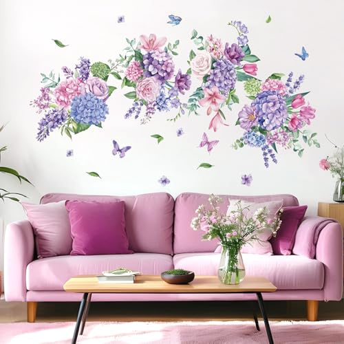 FUFUQUARE Lila Blume Wandaufkleber, Florale Rebe Schmetterling Dekorative Wandtattoos Aufkleber Schälen und Aufkleben Mädchen Baby Schlafzimmer Dekor