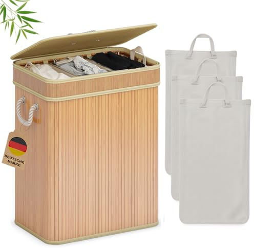 AdelDream Wäschekorb 150L, 3 Fächer Wäschesammler mit Deckel, Bambusoptik | Wäschesortierer 3 x 50L, 3 einzeln herausnehmbare Säcke, faltbar, Naturfarbe