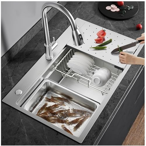 Lavello grande in acciaio inox 85 x 50 cm, vasca singola con cestello di scarico, montaggio a incasso/montaggio superiore, durevole lavello per lavastoviglie per cucina e bar, design moderno