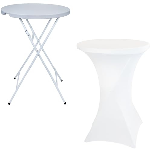 Stehtisch Tisch Partytisch Klappbar Gartentisch Bartisch Cocktail Bistrotisch Hochzeit Empfangstisch In- & Outdoor Innen- und Außenbereich Büffet Rund weiß Ø 80 cm + Husse Stehtischhusse Stretchhusse
