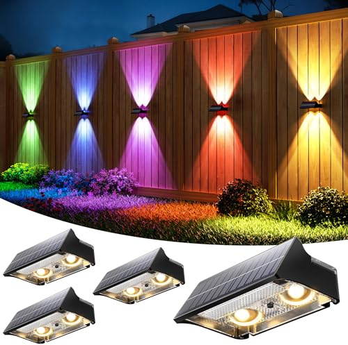 VOLISUN 4 Stück Solar Zaunleuchten für den Außenbereich, 9 Farbmodi und RGB Solar Gartenleuchten, wasserdicht IP65, helle Zaun-Solarleuchten für Garten, Hinterhof, Zaun, Deck (Schwarz)