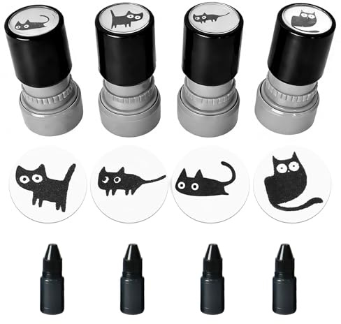 4 Stück Cartoon Kinder Stempel mit Vier Flaschen Stempelfarbe Selbstfärbende Lehrerstempel Grundschule Niedliches Katzen Lehrer Bewertung Belohnung Stempel Motiv Lernbüro Lob Siegel Ermutigung