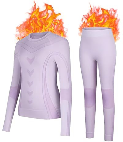 Meterstride Thermal Underwear for Kids Athletic Thermals Top and Bottom Set Boys Girls Long Johns Set Winter Base Layer (Purple, 5~6 Years)