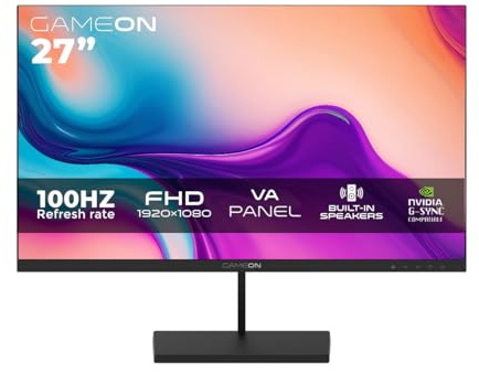 GAMEON 27″ FHD Gaming Monitor |1920×1080 VA Panel | 100Hz Refresh Rate | 5ms Response | 99% sRGB | 3000:1 Contrast | HDMI & VGA, VESA 75×75, Built-In Speakers, Low Blue Light, Anti-Glare – Black