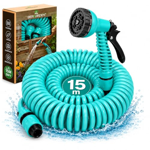 Manguera Extensible de Jardín 15m, manguera de riesgo agua .Manguera en espiral de jardín, Manguera de agua extensible, Manguera de riego espiral, 8 modalidades de riesgo.
