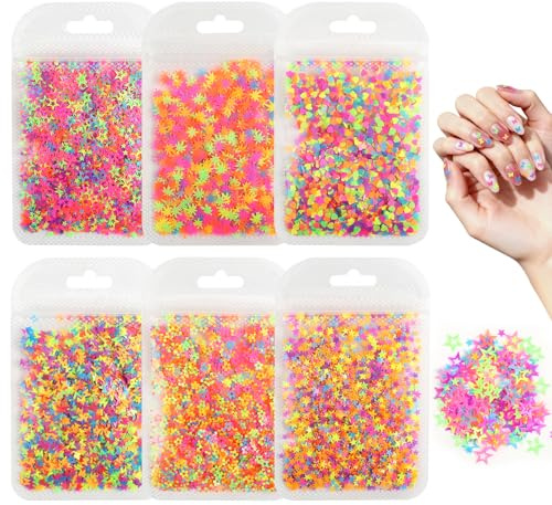 6 Stück Nagelkunst Glitzer Pailletten,Mini Glitzerpulver Set,Fluoreszierende Nageldekoration Pailletten mit Fünfzackige Sterne,Schmetterlinge,Herzen,Blumen und Ahornblätter für DIY Nageldesign