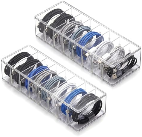 Woobroo Kabelhanteringslåda set om 2 – transparent kabelförvaringslåda med lock – justerbara skiljeväggar för USB-kabel och laddare – skrivbordsorganisatör – 26 x 10 x 6 cm