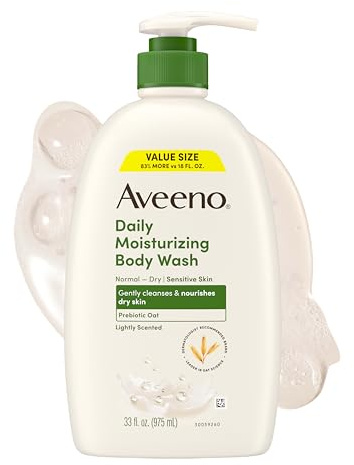 Aveeno Daily Moisturizing Body Wash for Dry & Sensitive Skin + Prebiotic Oat, Body Wash Gently Cleanses & Nourishes Dry Skin, Lightly Scented, Value Size, 33 fl. oz
