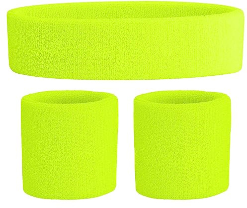 WickedFun® Crazy Chick Ladies Gym Exercise Sports Neon Sweat Headband & Wristbands SET 80's Fancy Dress Accessories (Yellow)