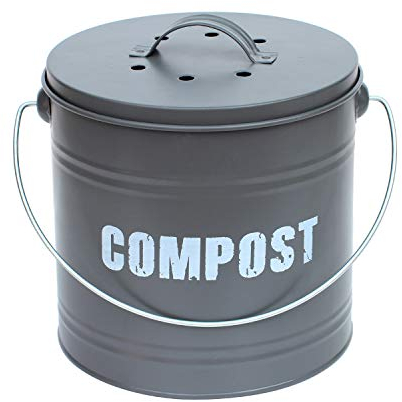 8L 8 Litre Vintage Style Galvanised Compost Food Waste Recycling Bin Caddy - MATT Grey - with Odour Absorbing Filter - 21cm (H) x 21cm (Dia)