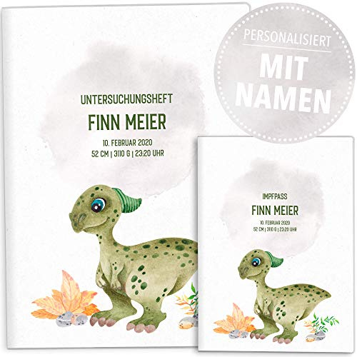OLGS U-Heft Hüllen Set Dinosaurier Untersuchungsheft Hülle & Impfpasshülle schöne Geschenkidee personalisierbar mit Namen und Geburtsdatum (U-Heft Hüllen Set personalisiert, Parasi)