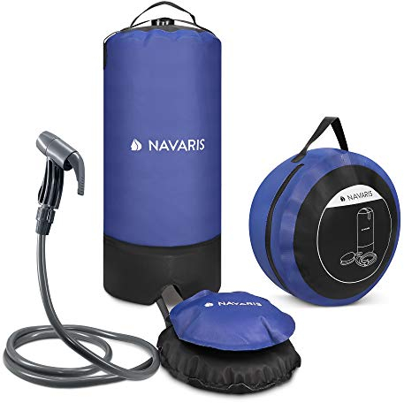 Navaris Portable Pressure Shower with Foot Pump - 11L Outdoor Solar Shower Bag with Shower Nozzle for Camping, Hiking, Backpacking, Beach, Travel