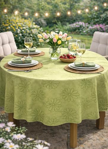 KAMACA Tischdecke Blüten Meer – 160 cm rund – In frischem Lindgrün mit innovativem Lotus-Effekt – Fleckschutz & Wasserabweisend – Abwaschbare Ganzjahres-Tischwäsche für Esstisch & Garten