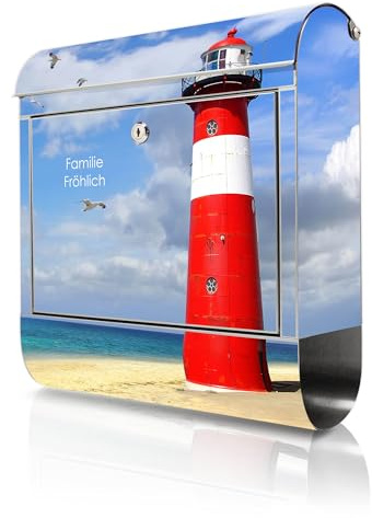 banjado Briefkasten Edelstahl personalisiert 38x43x12cm & 2 Schlüssel - rostfreier Edelstahl Briefkasten mit Zeitungsfach - Postkasten A4 Einwurf inkl. Montagematerial - Motiv Leuchtturm Westkapelle