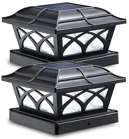 Siedinlar Solar Post Cap Lights Outdoor, 2 Modes Solar Powered Waterproof Fence Deck Light for 4x4 5x5 6x6 Posts Garden Patio Decoration Warm White & Cool White, Black (2 Pack)