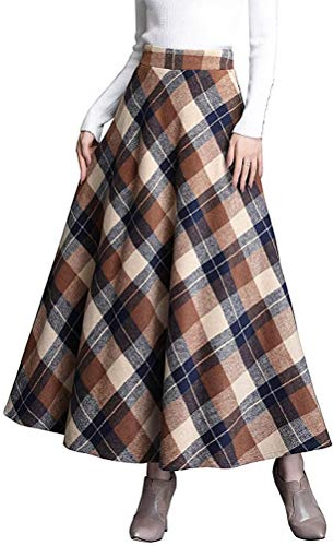 Mujer Falda Larga Invierno A Cuadros Vintage Falda Cintura Elástica Cálida Línea A Falda Larga A Cuadros De Cintura Alta C Caqui XXL