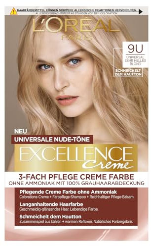 L'Oréal Paris Permanente Haarfarbe für jeden Hautton, Coloration ohne Ammoniak, Universale Nude-Töne mit vollständiger Grauhaarabdeckung, Excellence Creme, Nr. 9U Sehr helles Blond (Blond), 1 Stück