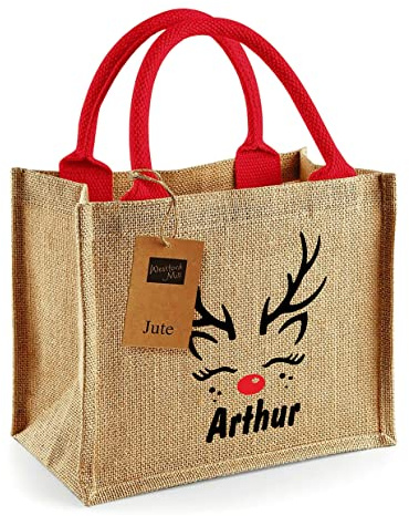 Unikatolo Nikolaus Tasche rote Henkel mit Name, Jutetasche Weihnachten, Nikolaus Geschenk personalisiert, Rentier, Geschenkverpackung Kinder, Weihnachtsdeko Jute